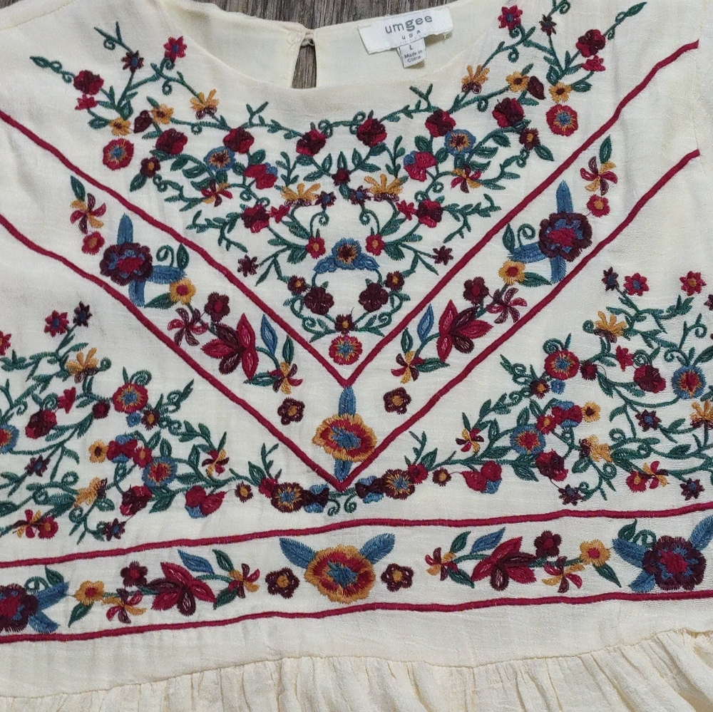 Umgee floral embroidered Bohemian swing top USA Women's size L - Picture 7 of 14